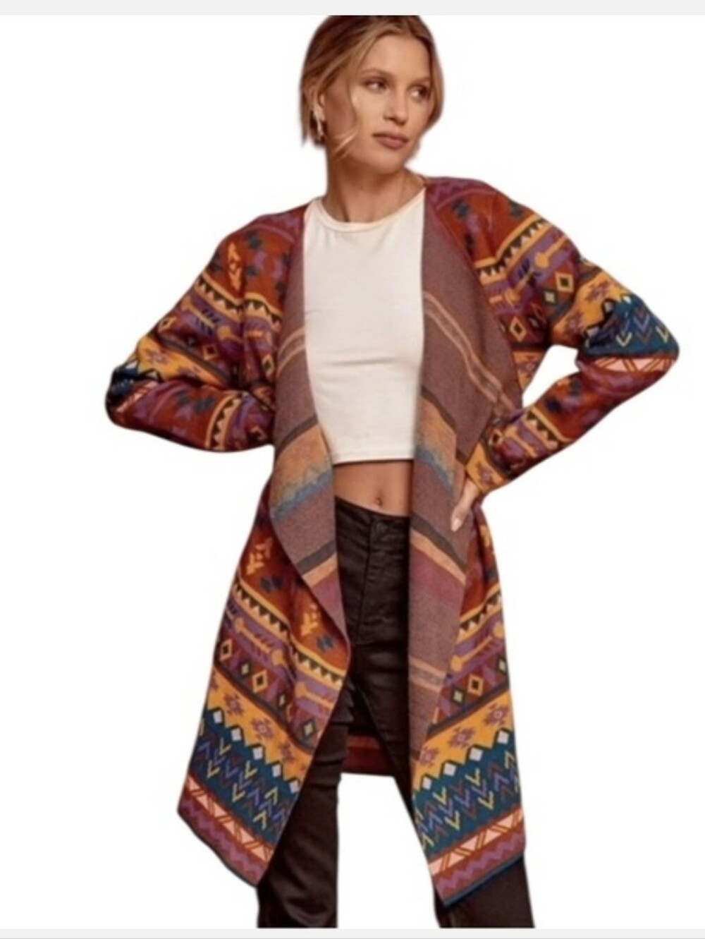 Savanna Jane Rust Multi-Color Aztec Open Cardigan